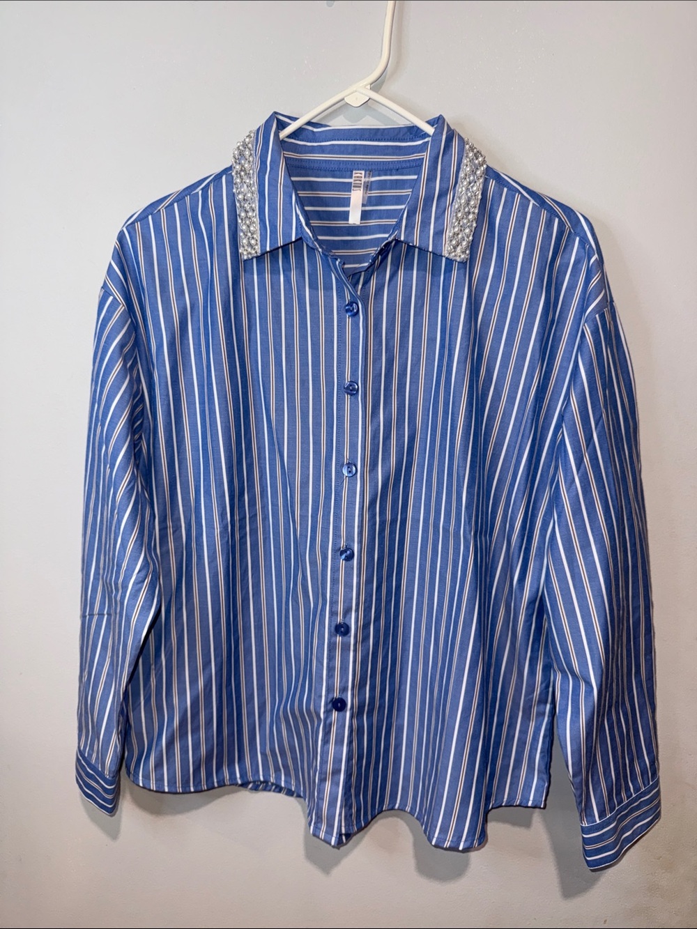 Kaktus Blue and White Stripe Women's Button-Up Blouse with Embellished Collar